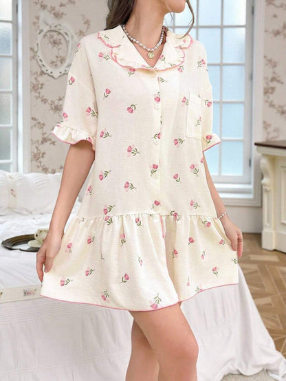 Women Floral Babydoll Pajama Dress Ruffle Hem Short Sleeve Sleepwear Summer Cozy Nightgown