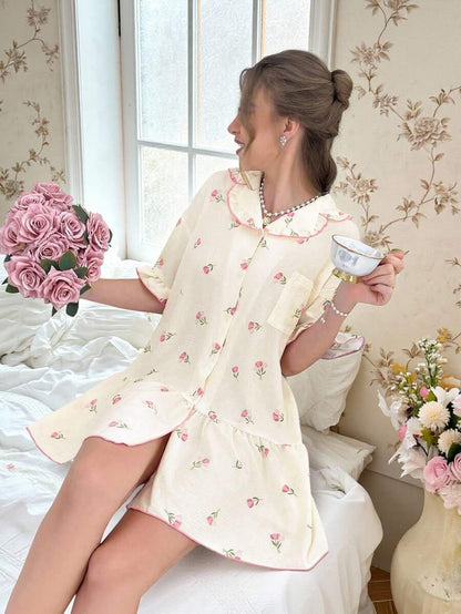 Women Floral Babydoll Pajama Dress Ruffle Hem Short Sleeve Sleepwear Summer Cozy Nightgown