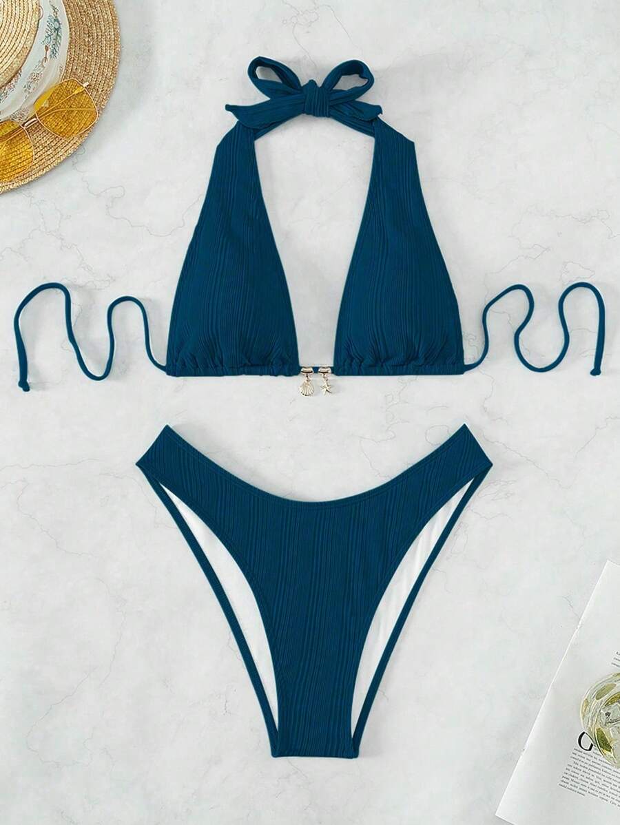 Swim Vcay Swim Suits For Women Summer Beach Chain Linked Halter Triangle Bikini Set