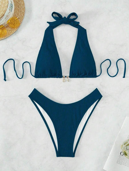 Swim Vcay Swim Suits For Women Summer Beach Chain Linked Halter Triangle Bikini Set