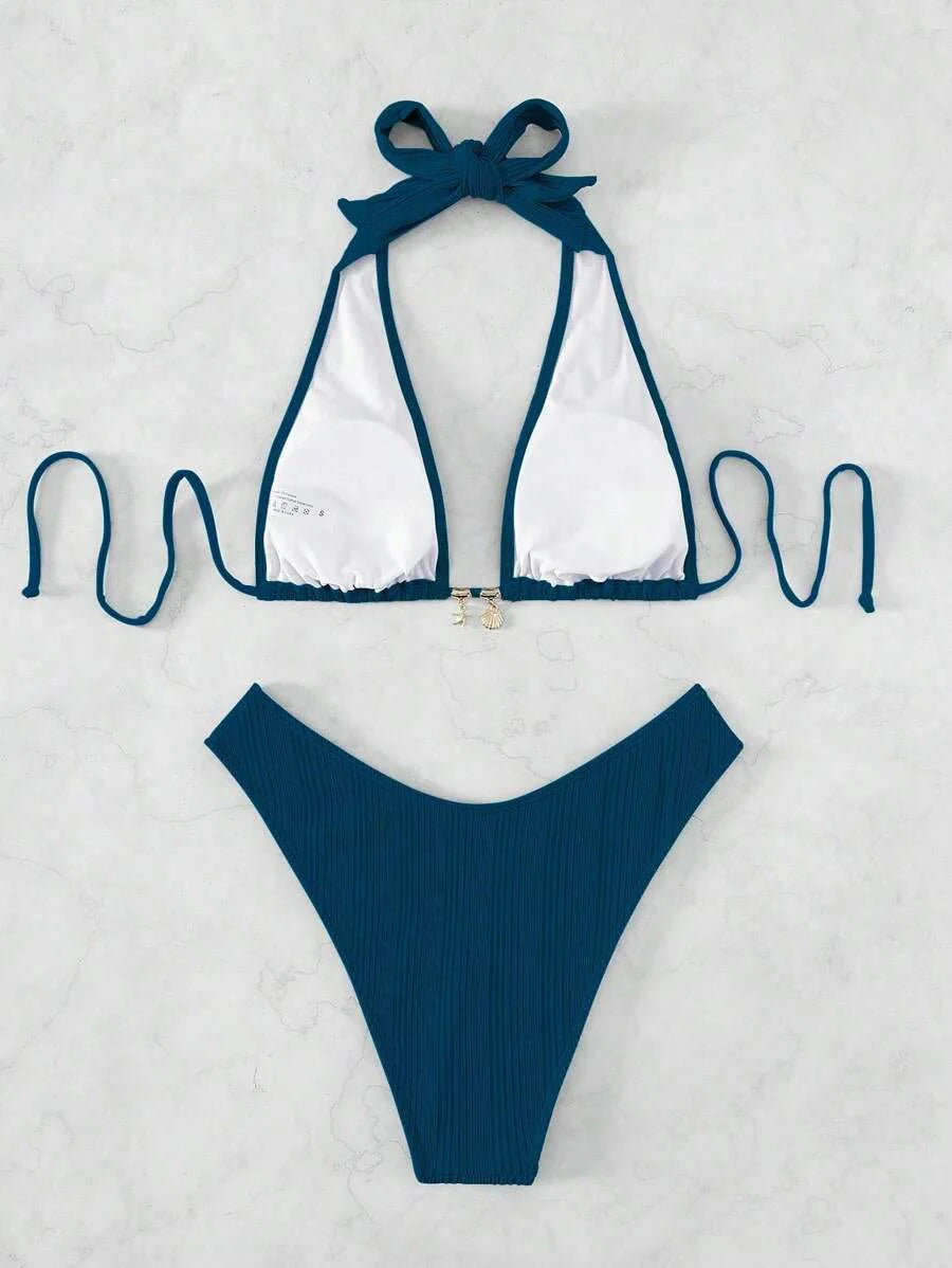 Swim Vcay Swim Suits For Women Summer Beach Chain Linked Halter Triangle Bikini Set