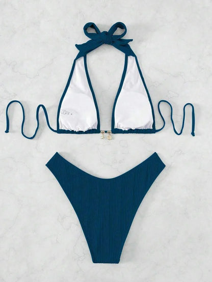 Swim Vcay Swim Suits For Women Summer Beach Chain Linked Halter Triangle Bikini Set