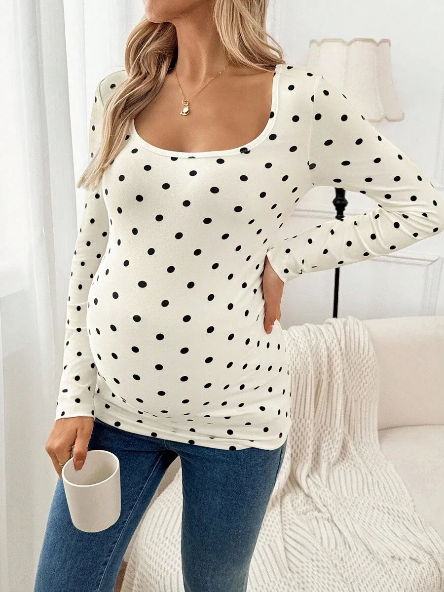 Apricot Polka Dot Maternity Top - Slim Fit Long Sleeve Scoop Neck Knitted Maternity Shirt - Soft Stretch Pregnancy T-Shirt for Office & Casual
