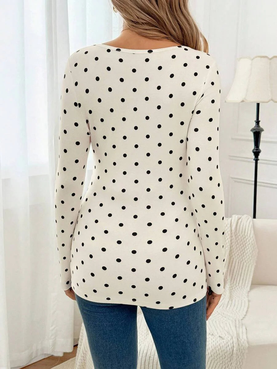 Apricot Polka Dot Maternity Top - Slim Fit Long Sleeve Scoop Neck Knitted Maternity Shirt - Soft Stretch Pregnancy T-Shirt for Office & Casual