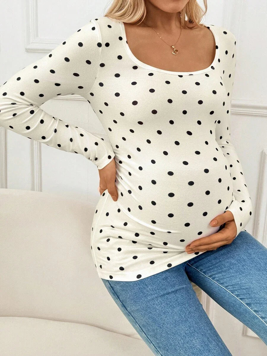 Apricot Polka Dot Maternity Top - Slim Fit Long Sleeve Scoop Neck Knitted Maternity Shirt - Soft Stretch Pregnancy T-Shirt for Office & Casual