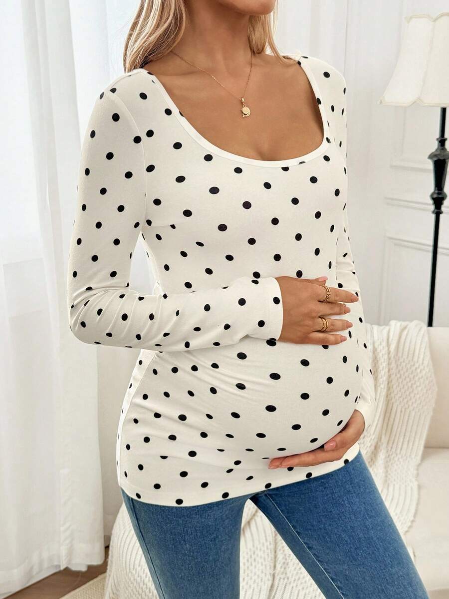 Apricot Polka Dot Maternity Top - Slim Fit Long Sleeve Scoop Neck Knitted Maternity Shirt - Soft Stretch Pregnancy T-Shirt for Office & Casual