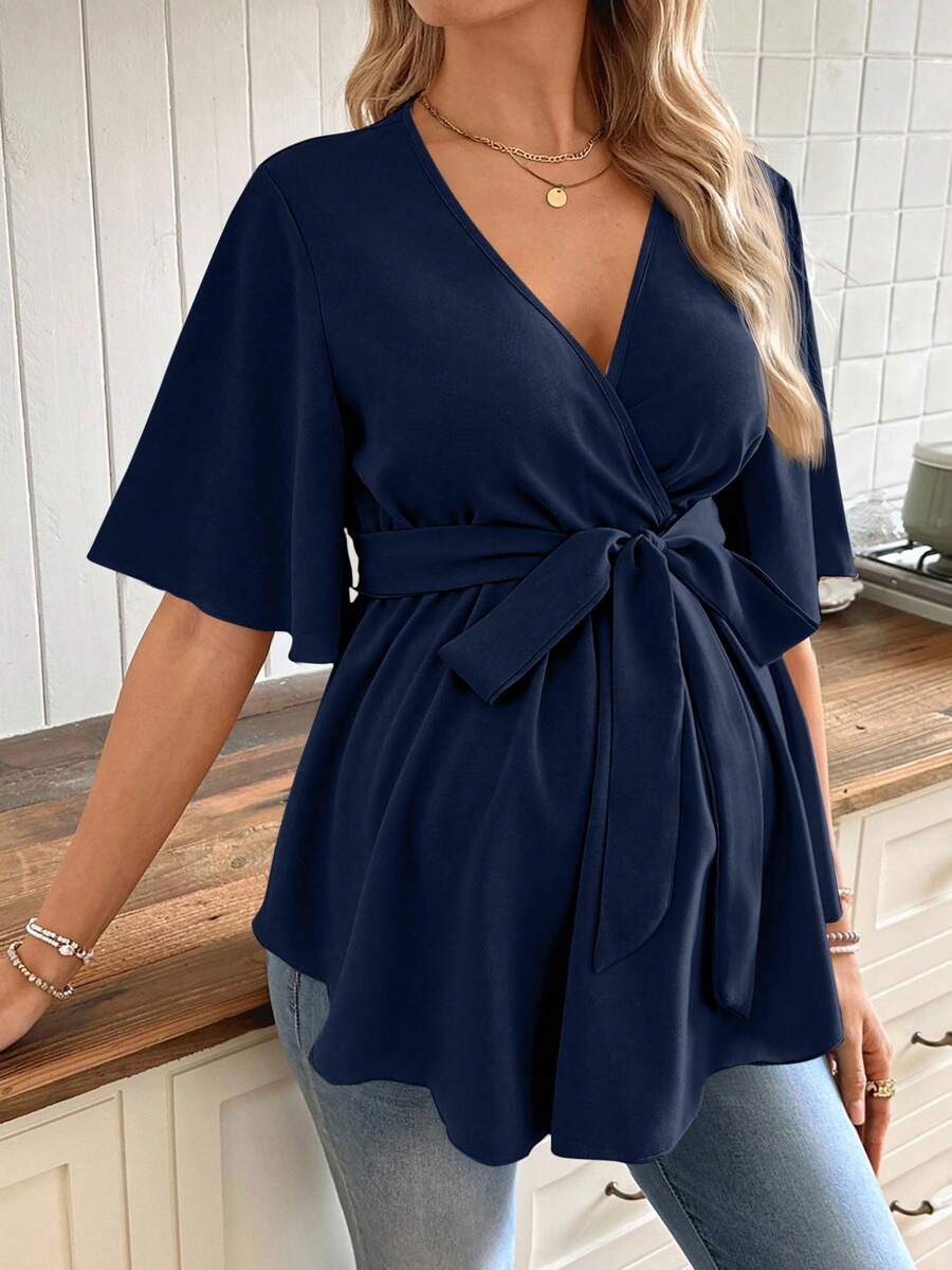 V-Neck Maternity Peplum Blouse with Flounce Sleeves and Adjustable Waist Belt in Dusty Pink for Work or Casual Wear