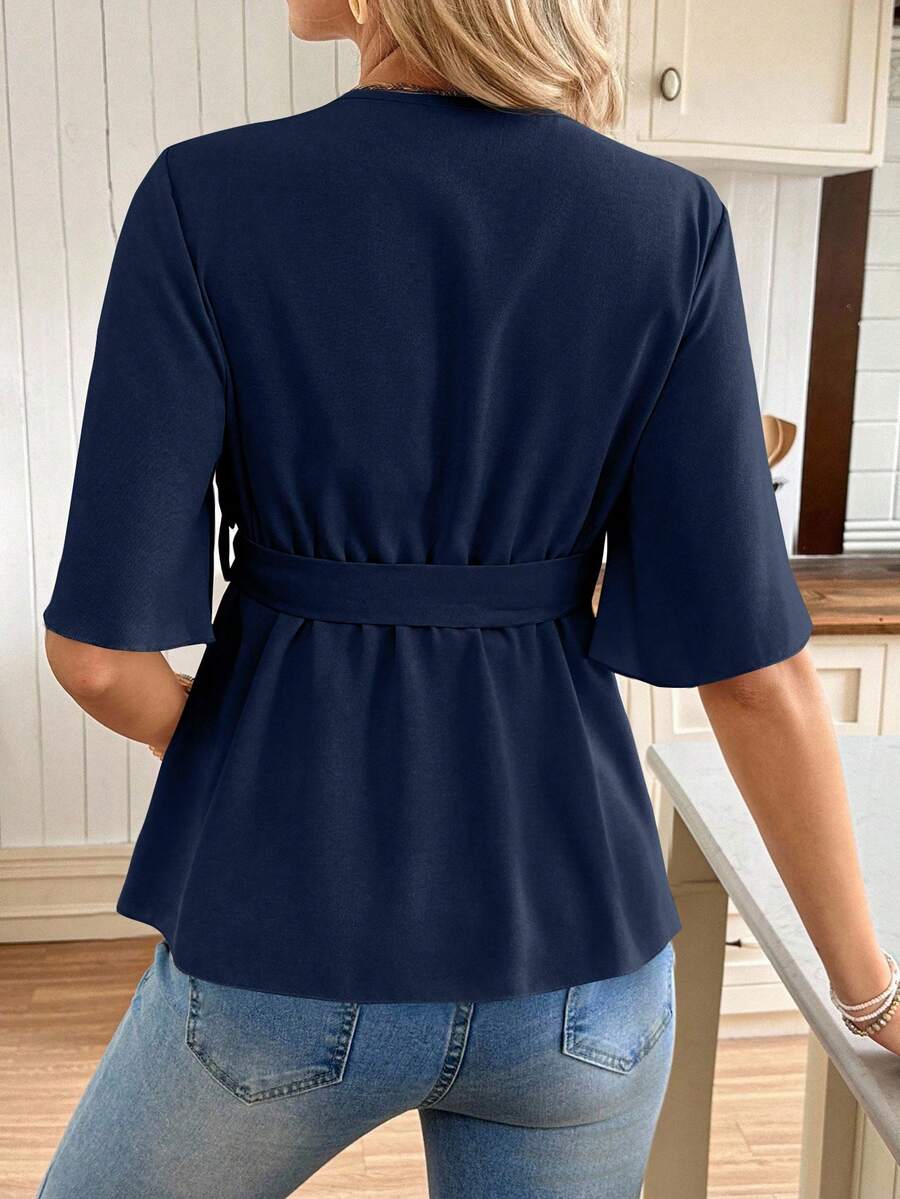 V-Neck Maternity Peplum Blouse with Flounce Sleeves and Adjustable Waist Belt in Dusty Pink for Work or Casual Wear