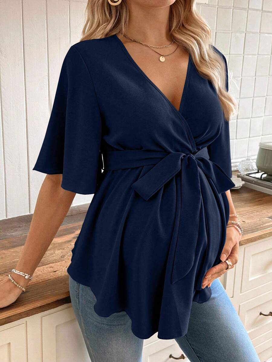 V-Neck Maternity Peplum Blouse with Flounce Sleeves and Adjustable Waist Belt in Dusty Pink for Work or Casual Wear
