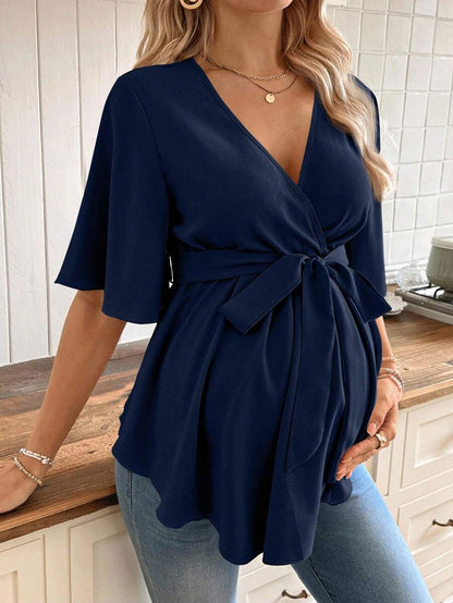 V-Neck Maternity Peplum Blouse with Flounce Sleeves and Adjustable Waist Belt in Dusty Pink for Work or Casual Wear