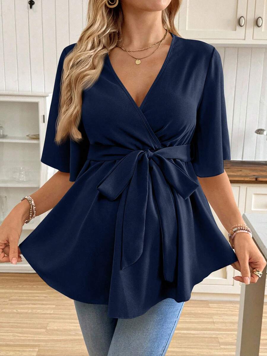 V-Neck Maternity Peplum Blouse with Flounce Sleeves and Adjustable Waist Belt in Dusty Pink for Work or Casual Wear