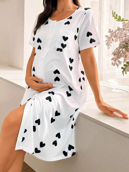 Maternity Heart Print Nightgown Women Loungewear Comfortable Pregnancy Sleepwear Dress