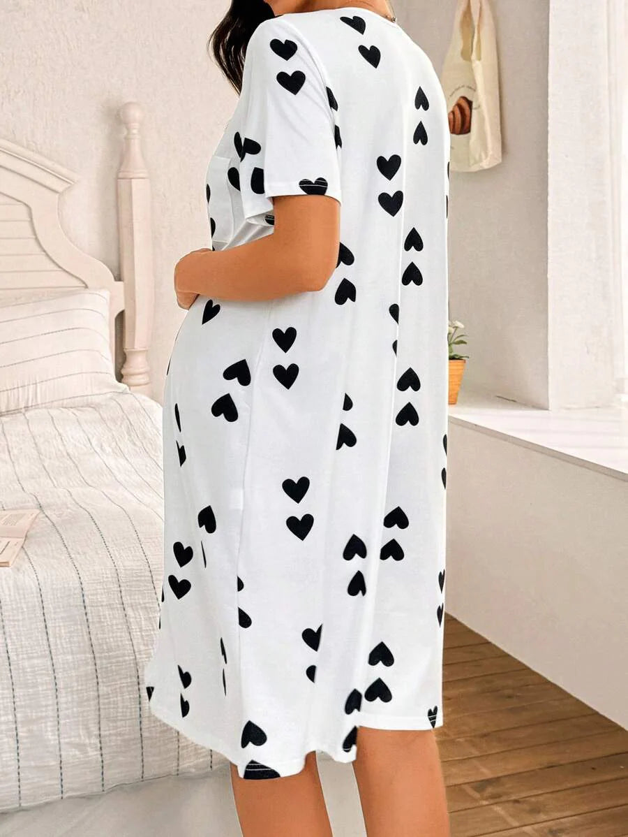 Maternity Heart Print Nightgown Women Loungewear Comfortable Pregnancy Sleepwear Dress