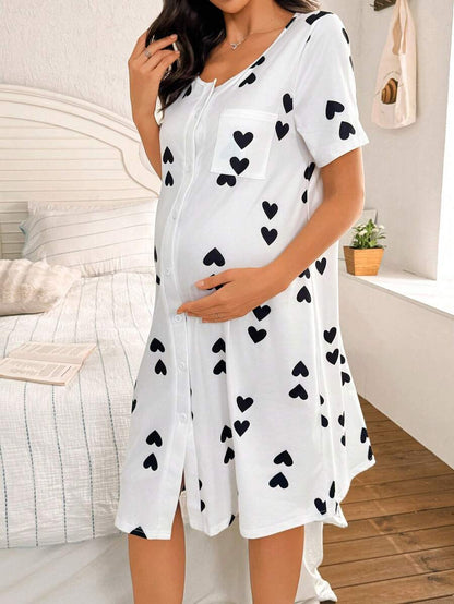 Maternity Heart Print Nightgown Women Loungewear Comfortable Pregnancy Sleepwear Dress