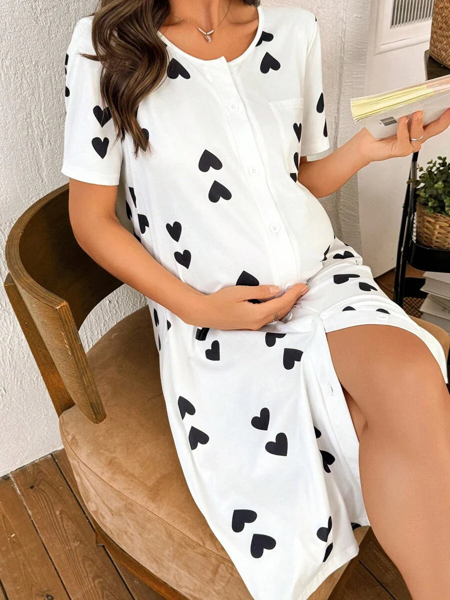 Maternity Heart Print Nightgown Women Loungewear Comfortable Pregnancy Sleepwear Dress