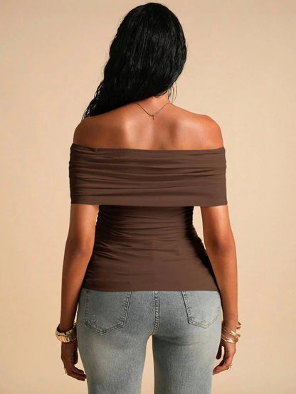 Maternity Off Shoulder Ruched Asymmetric T-Shirt - Apricot Slim Fit Short Sleeve Knitted Top for Office & Daily Wear