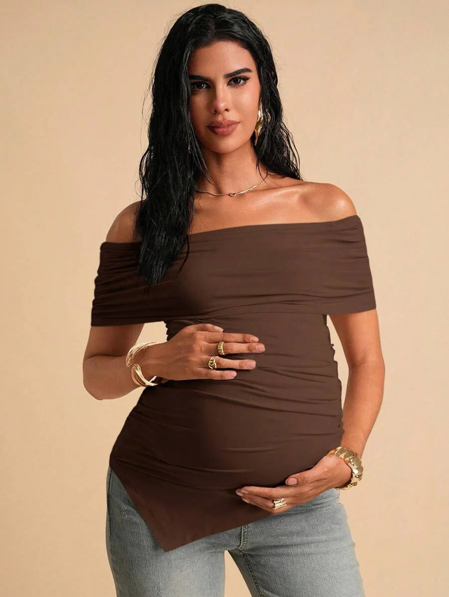 Maternity Brown Off-Shoulder Ruched Maternity T-Shirt Asymmetrical Slim Fit Knit Short Sleeve Top for Office & Casual Wear