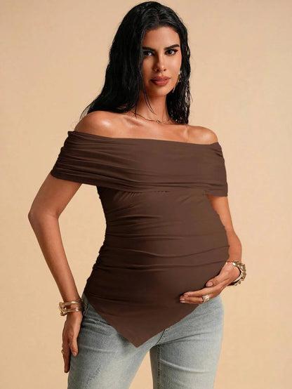 Maternity Off Shoulder Ruched Asymmetric T-Shirt - Apricot Slim Fit Short Sleeve Knitted Top for Office & Daily Wear