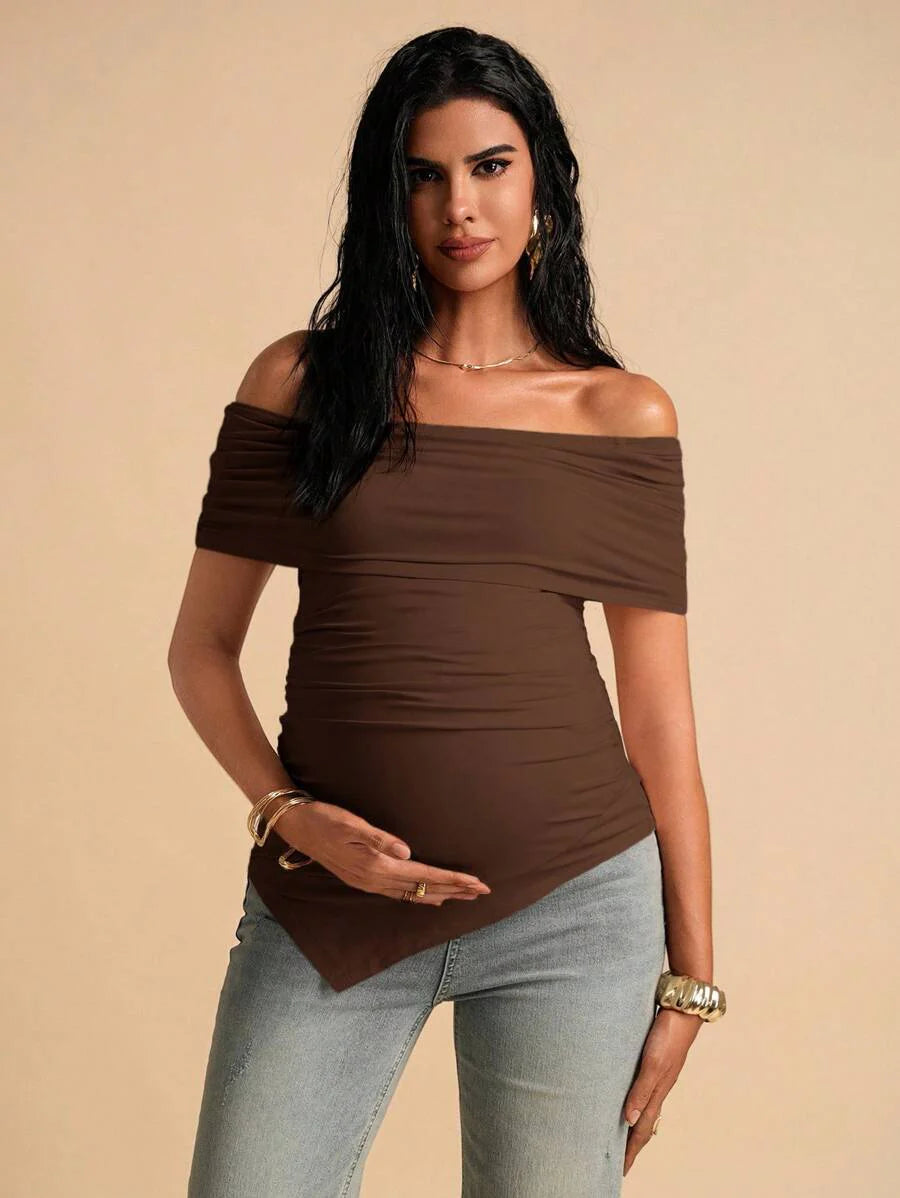 Maternity Brown Off-Shoulder Ruched Maternity T-Shirt Asymmetrical Slim Fit Knit Short Sleeve Top for Office & Casual Wear
