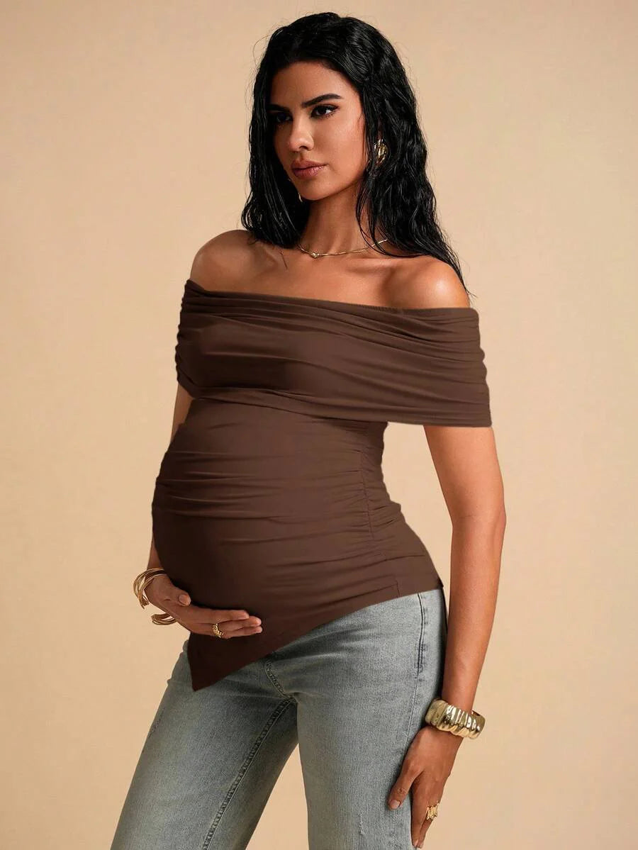 Maternity Off Shoulder Ruched Asymmetric T-Shirt - Apricot Slim Fit Short Sleeve Knitted Top for Office & Daily Wear