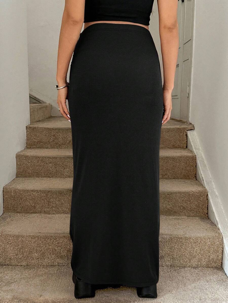 Maternity High Waist Maxi Pencil Skirt Black Ultra High Waist Skinny Fit Long Knitted Skirt for Daily Wear