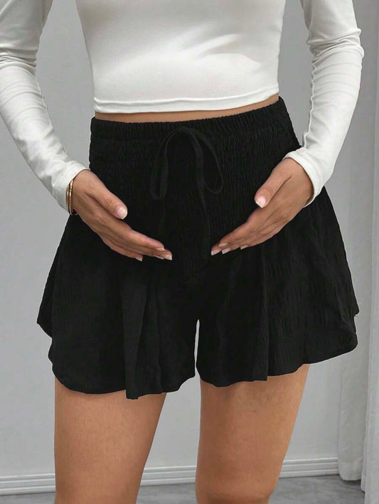 Maternity Track Shorts - Knot Detail, Loose Fit, Ultra High Waist, Minimalist, Black