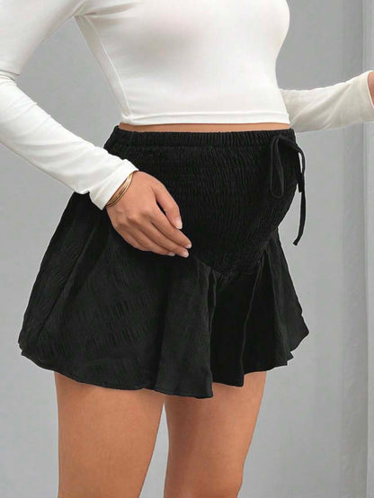 Maternity Track Shorts - Knot Detail, Loose Fit, Ultra High Waist, Minimalist, Black