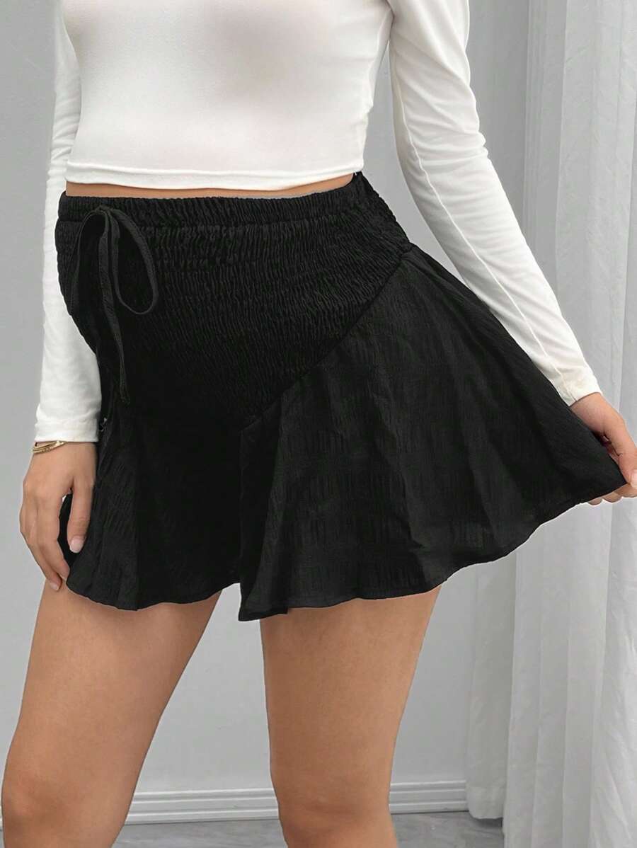 Maternity Track Shorts - Knot Detail, Loose Fit, Ultra High Waist, Minimalist, Black