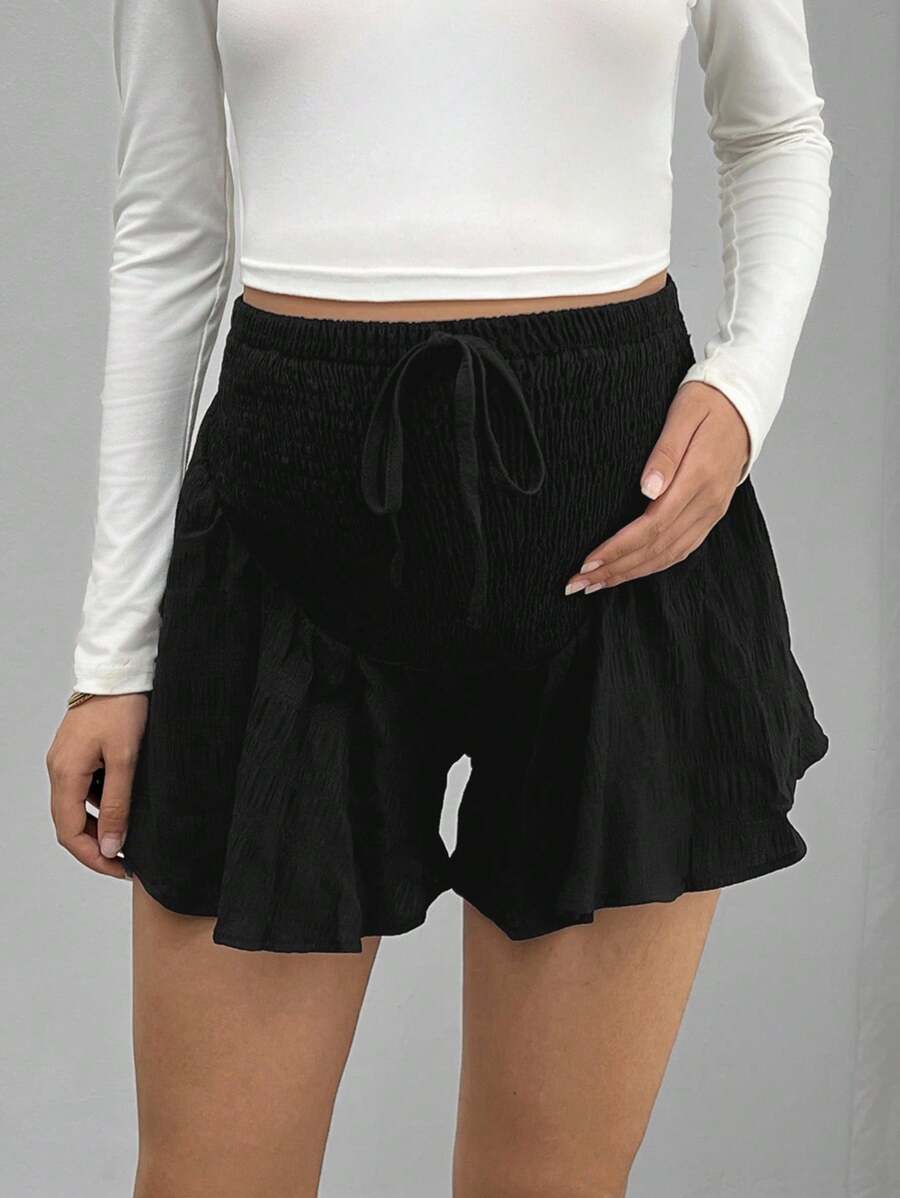 Maternity Track Shorts - Knot Detail, Loose Fit, Ultra High Waist, Minimalist, Black