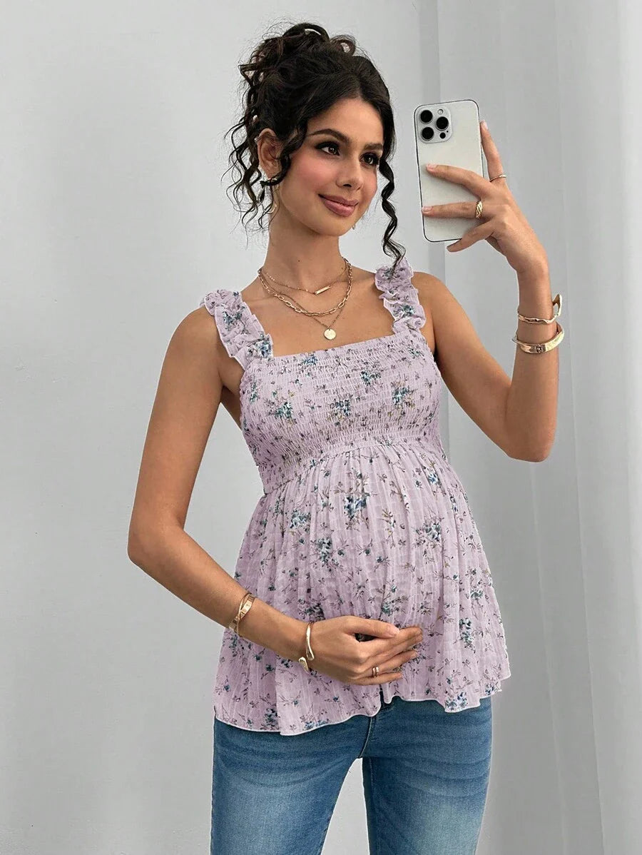 Maternity Boho A-Line Camisole - Floral Print, Wide Strap, Frill Trim, Mauve Purple