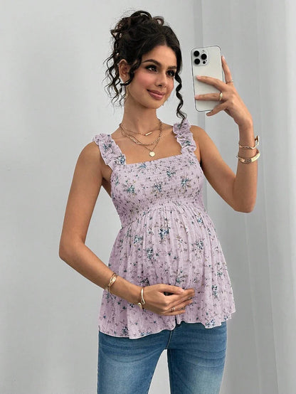 Maternity Boho A-Line Camisole - Floral Print, Wide Strap, Frill Trim, Mauve Purple