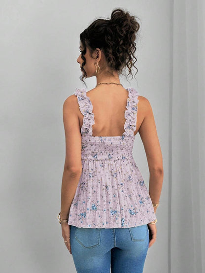 Maternity Boho A-Line Camisole - Floral Print, Wide Strap, Frill Trim, Mauve Purple