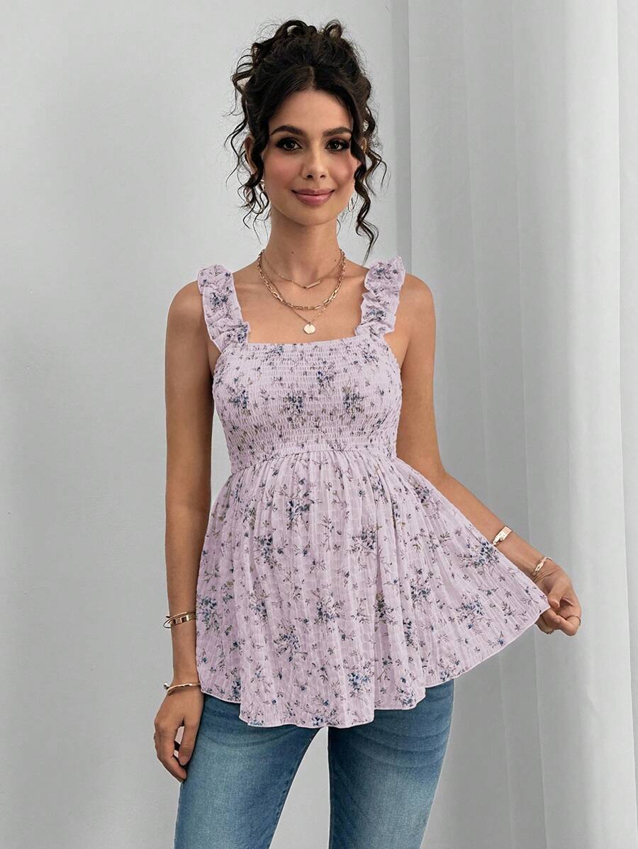 Maternity Blue and White Floral Frill Trim Camisole - Boho A-Line Sleeveless Wide Strap Beach Top