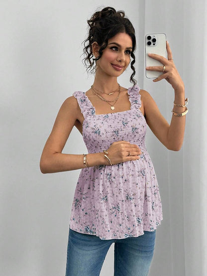 Maternity Boho A-Line Camisole - Floral Print, Wide Strap, Frill Trim, Mauve Purple