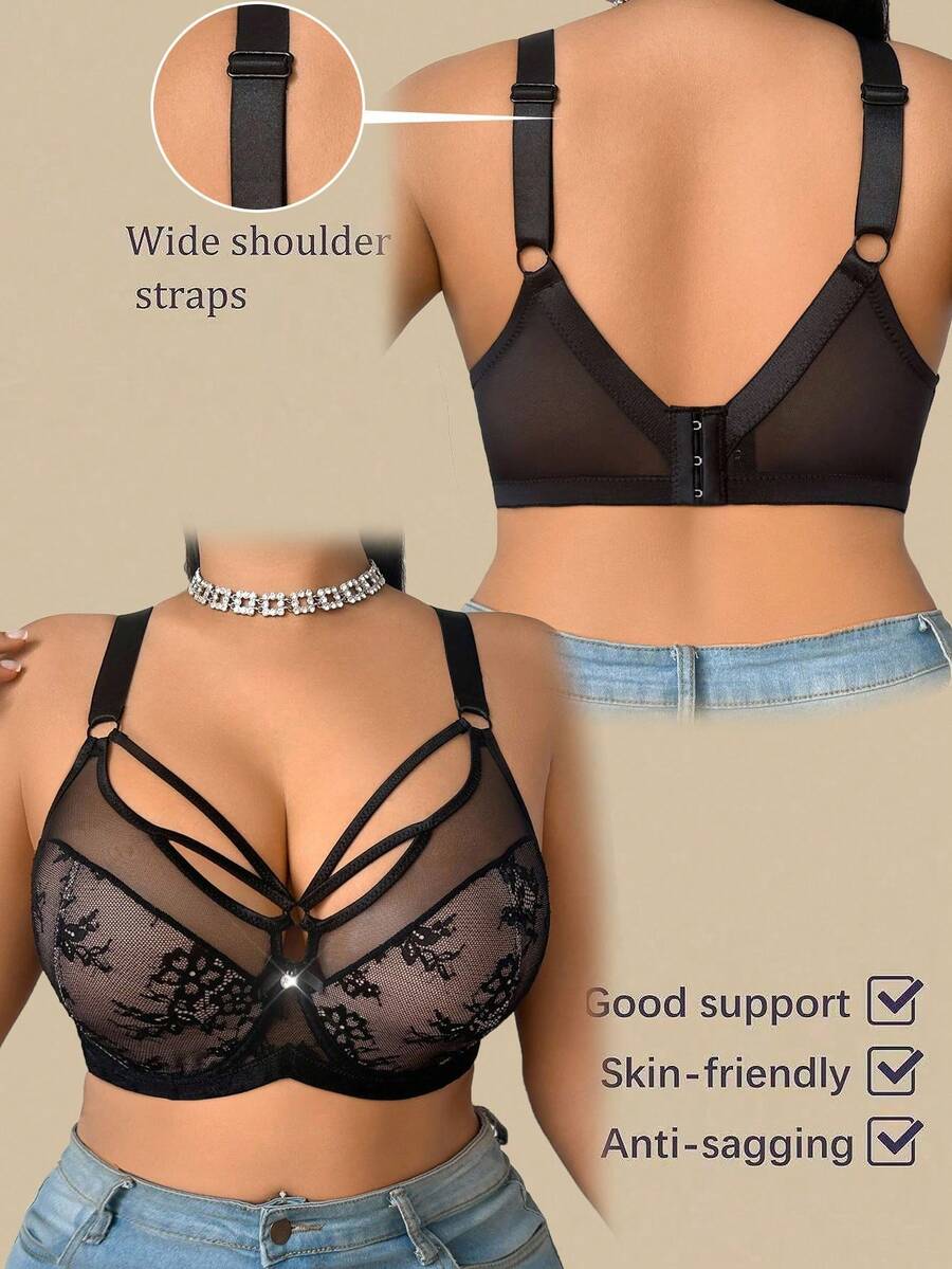 Women's Plus Size Lace Patchwork Underwire Bra - Elegant Lifting Lingerie