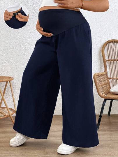 Plus Size Wide Leg Maternity Pants - Adjustable Ultra High Waist Loose Office Trousers