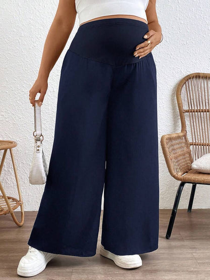 Plus Size Wide Leg Maternity Pants - Adjustable Ultra High Waist Loose Office Trousers