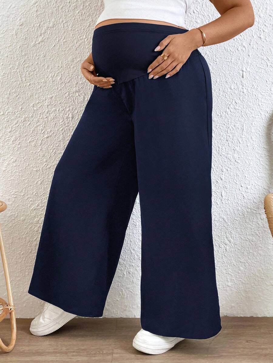 Plus Size Wide Leg Maternity Pants - Adjustable Ultra High Waist Loose Office Trousers
