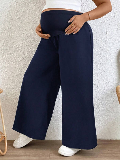 Plus Size Wide Leg Maternity Pants - Adjustable Ultra High Waist Loose Office Trousers