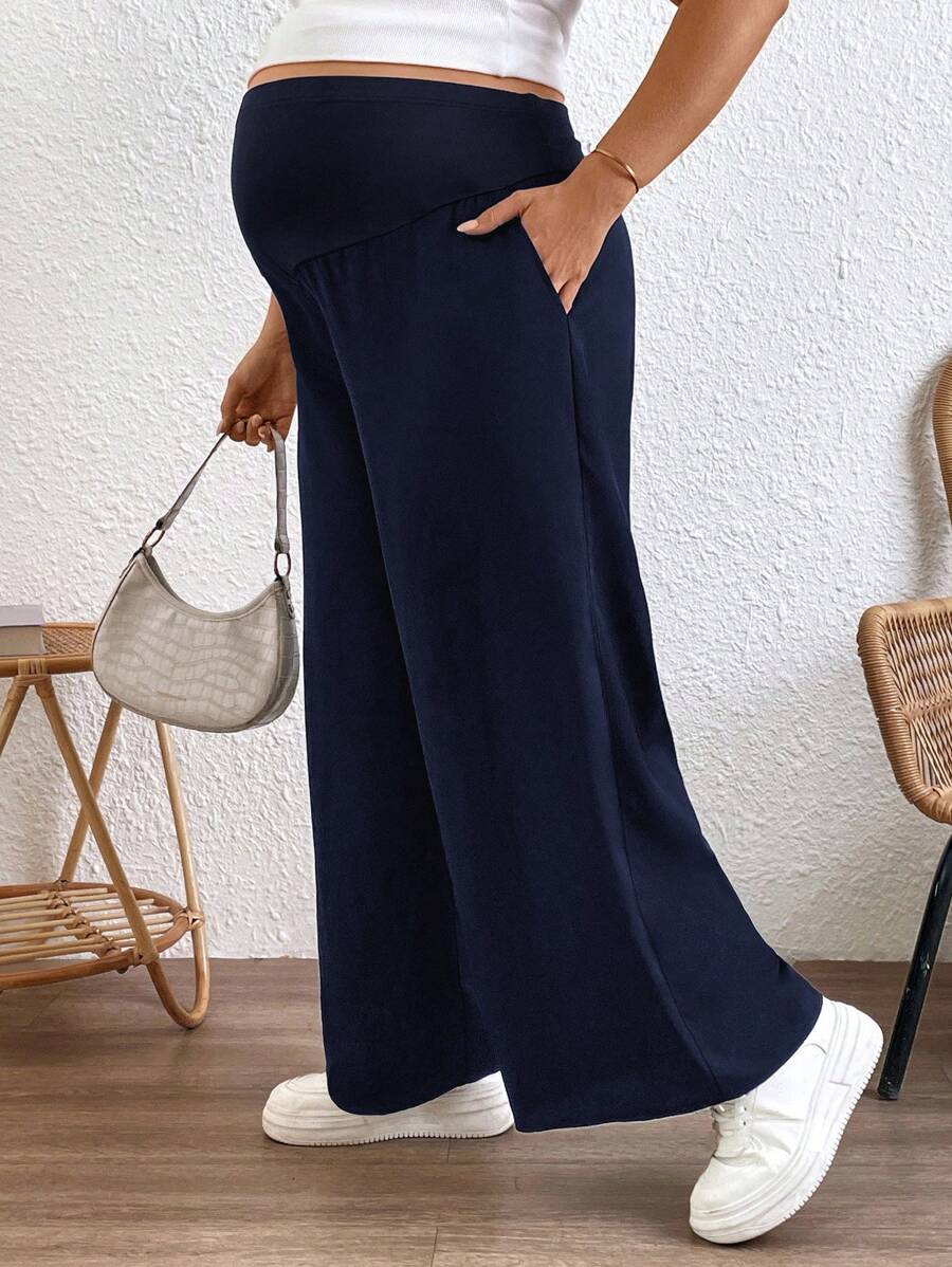 Plus Size Wide Leg Maternity Pants - Adjustable Ultra High Waist Loose Office Trousers