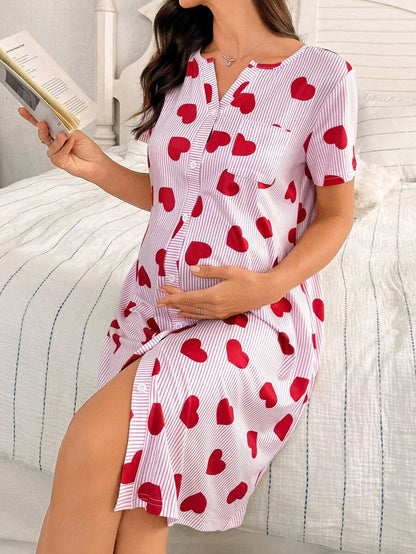 Maternity Heart Print Nightgown Women Button Front Short Sleeve Sleep Dress with Pocket