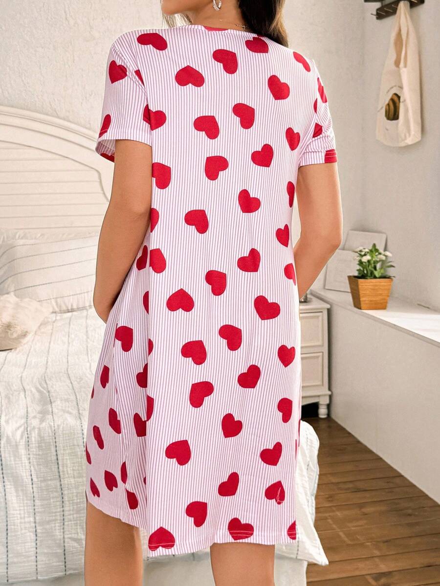 Maternity Heart Print Nightgown Women Button Front Short Sleeve Sleep Dress with Pocket