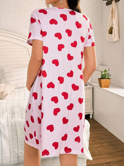 Maternity Heart Print Nightgown Women Button Front Short Sleeve Sleep Dress with Pocket
