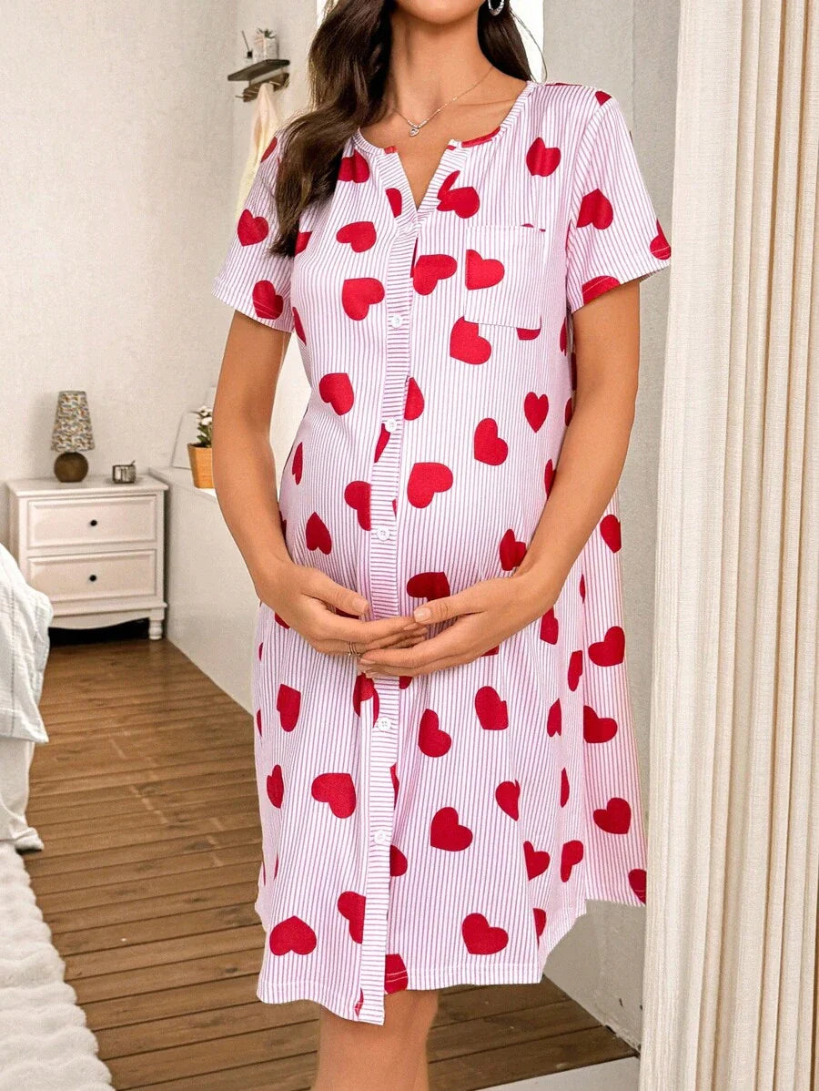 Maternity Heart Print Nightgown Women Button Front Short Sleeve Sleep Dress with Pocket