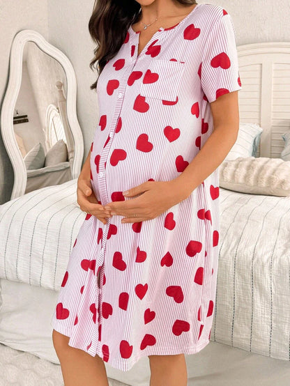 Maternity Heart Print Nightgown Women Button Front Short Sleeve Sleep Dress with Pocket