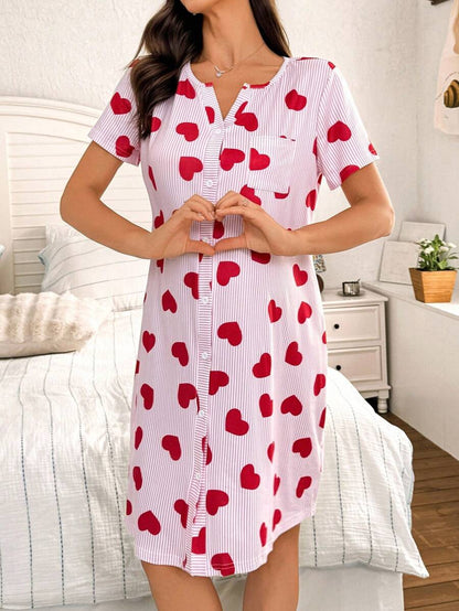 Maternity Heart Print Nightgown Women Button Front Short Sleeve Sleep Dress with Pocket