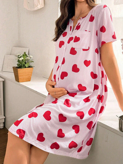 Maternity Heart Print Nightgown Women Button Front Short Sleeve Sleep Dress with Pocket