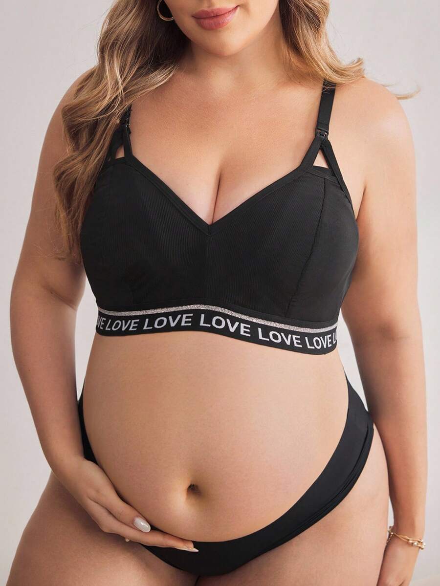 Plus Size Letter Knit Band Comfortable Front Opening Maternity Nursing Bra