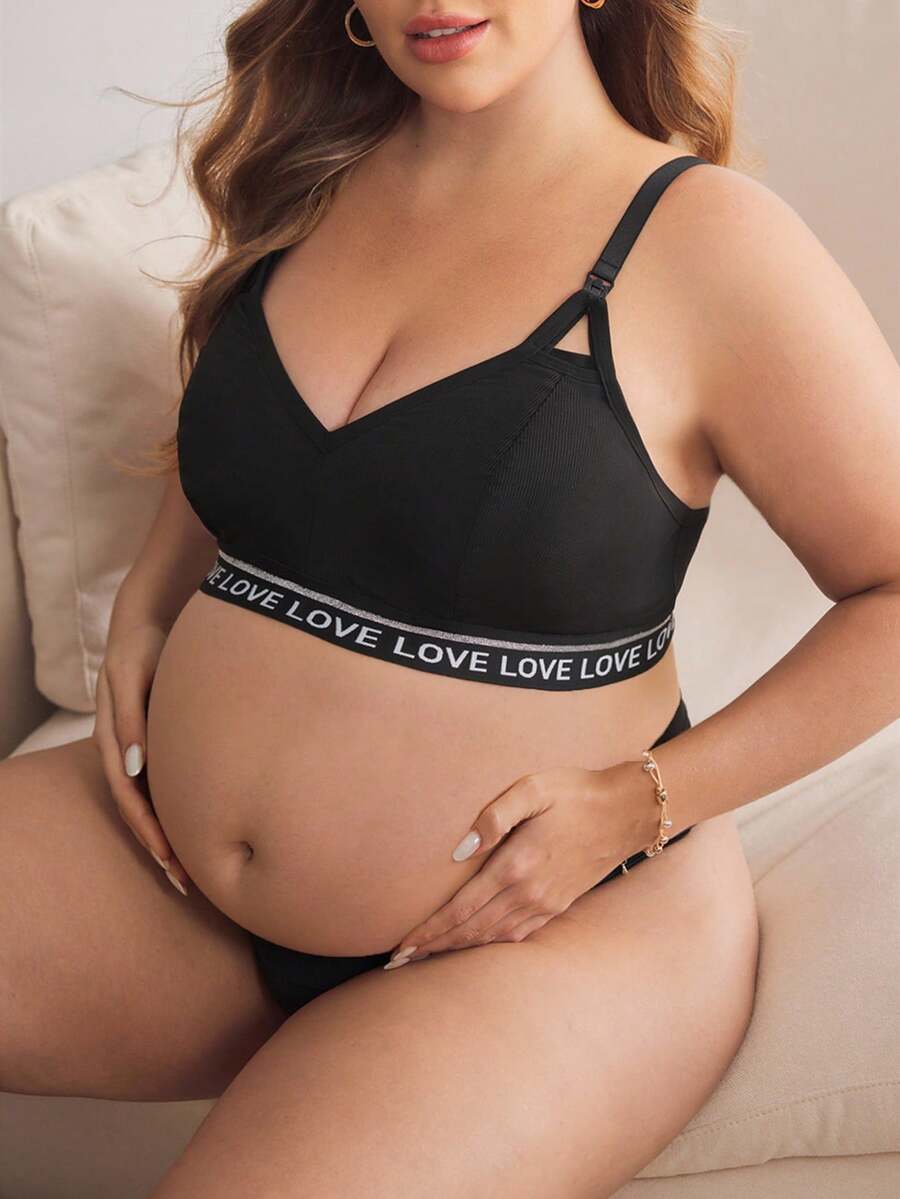 Plus Size Letter Knit Band Comfortable Front Opening Maternity Nursing Bra