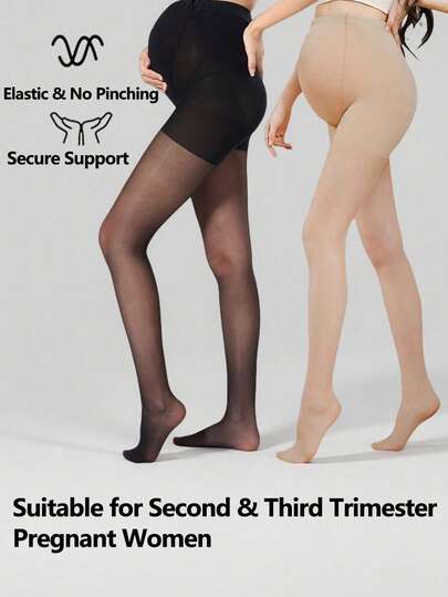 Maternity Pantyhose - Belly Support Beige Black Elastic Waist Lightweight, Spring Summer